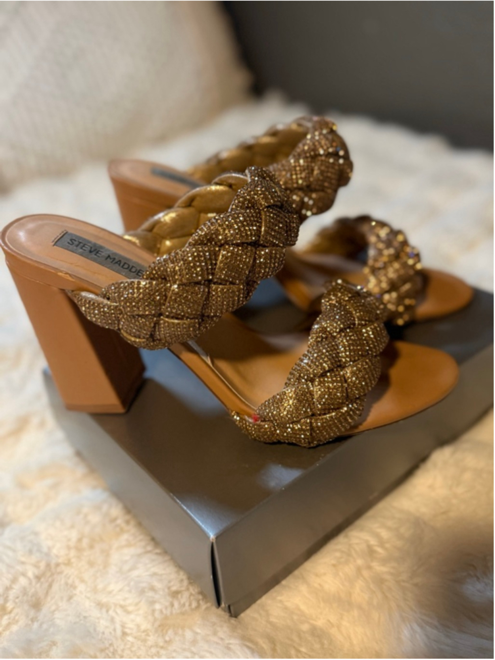 Preowned,Steve Madden Kenley rhinestone braided block heel sandals, bronzesize 9 - Picture 2 of 5